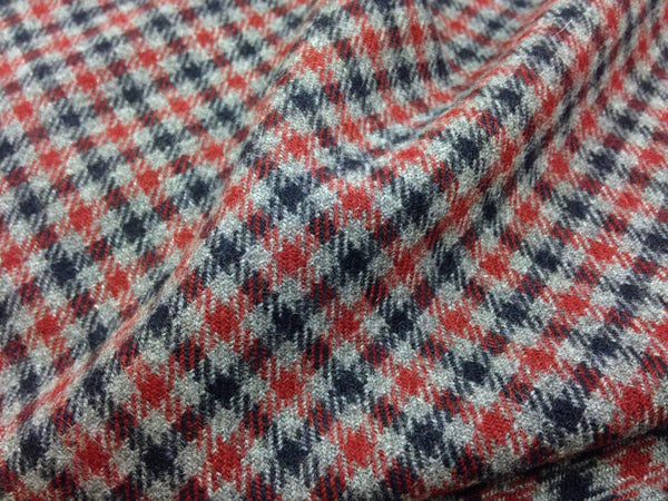 100% WOOL Fabric Gingham Check Red Navy Grey Soft Tweed - buklefabrics