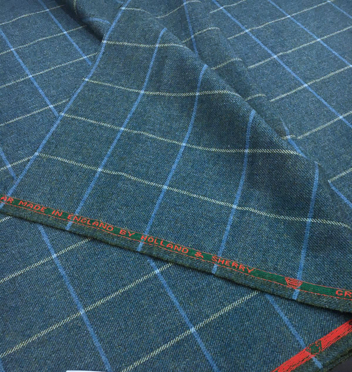 Blue Wool Plaid Check Windowpane Fabric by HOLLAND & SHERRY Remnant 1.4 Yard - buklefabrics