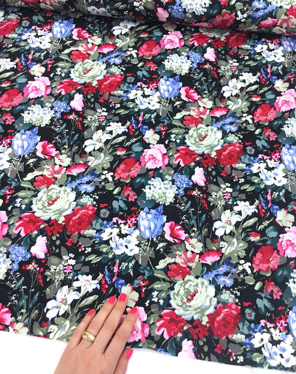 Black COTTON Floral Fabric Rose Blue Flower Print STRETCH - buklefabrics