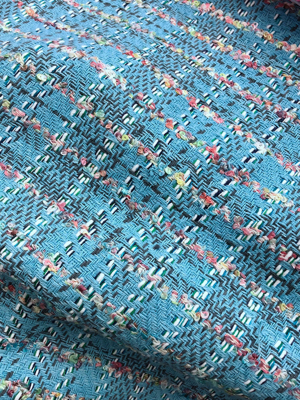 BOUCLE tweed fabric blue plaid check textured cotton viscose material - buklefabrics