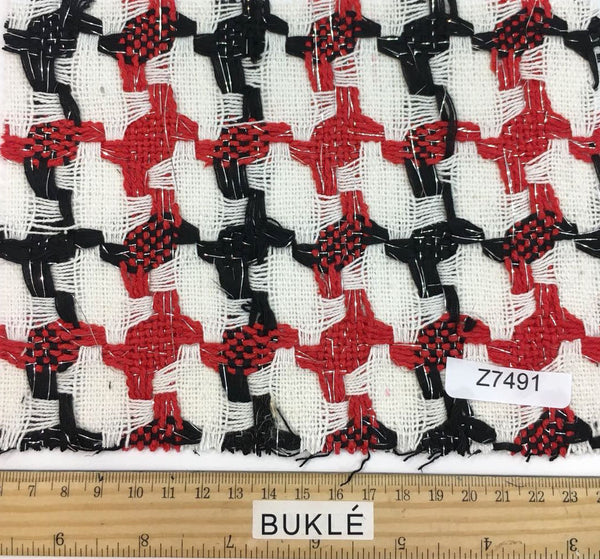 BOUCLE tweed fabric houndstooth check red white black jacket length 1.6 Yard - buklefabrics