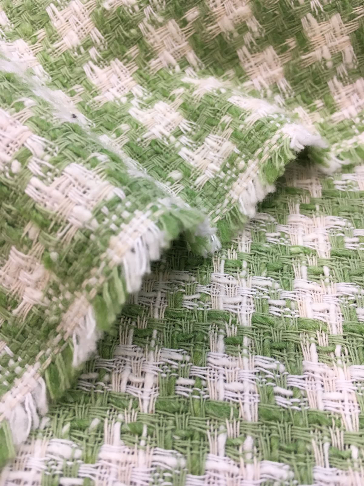 Boucle tweed wool fabric green white houndstooth check 1.7 yd jacket length - buklefabrics