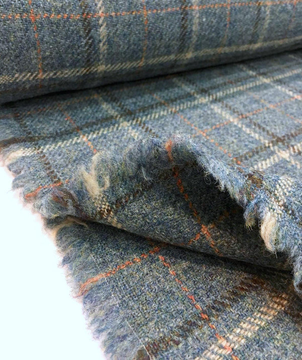 100% WOOL Fabric Blue Tartan Plaid Check Tweed - buklefabrics