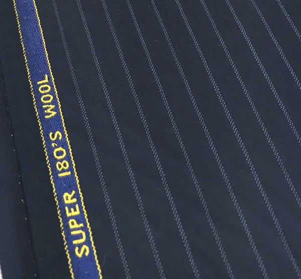 Fine 100% WOOL Fabric Striped Navy Blue Super 180 Suit Material - buklefabrics