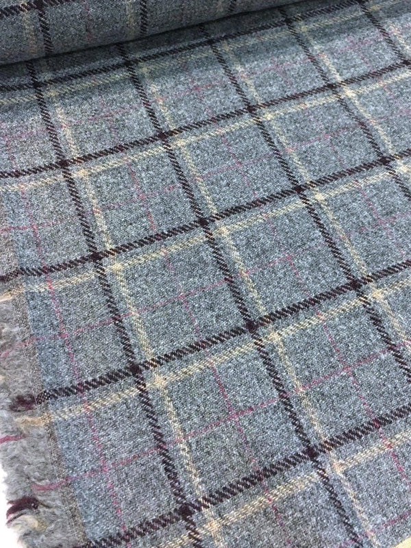 100% Wool Tweed Fabric Tartan Plaid Check Grey Pink - buklefabrics