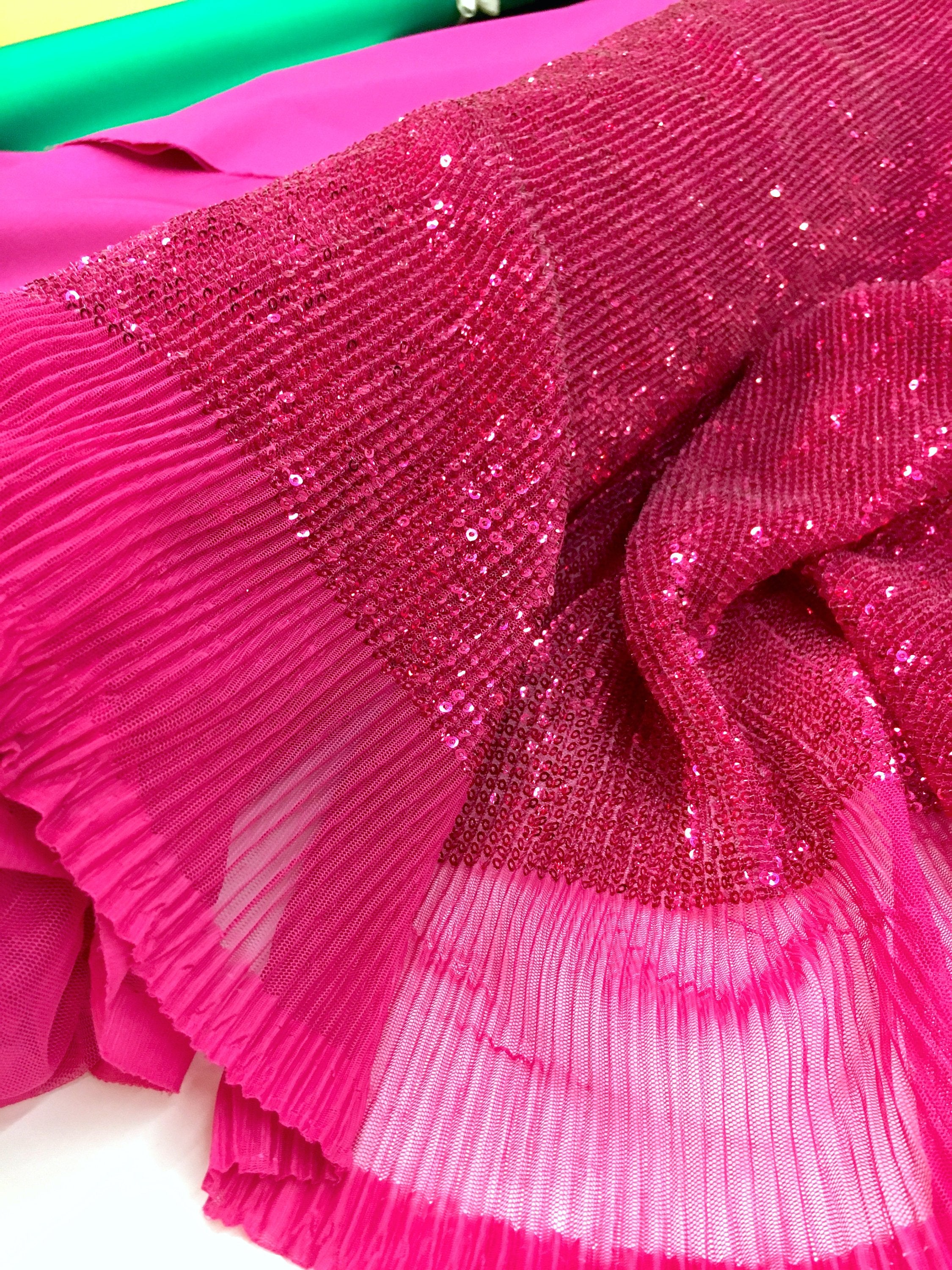 Sequins on Pleated Tulle Fabric in Fuchsia Raspberry - Novelty Prom Material - buklefabrics