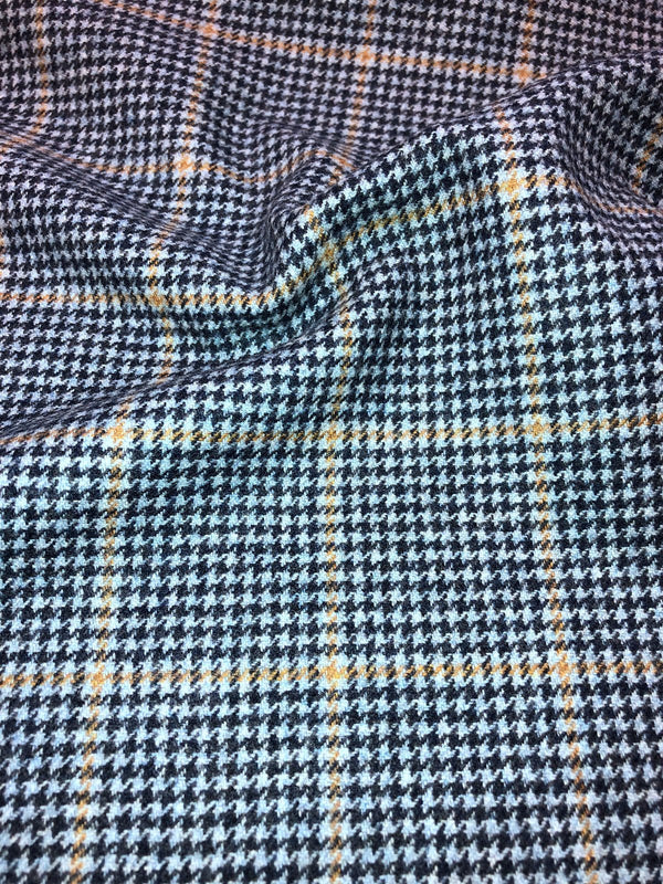 Mongolian Cashmere Wool Fabric Blue Houndstooth Yellow Windowpane Check - buklefabrics