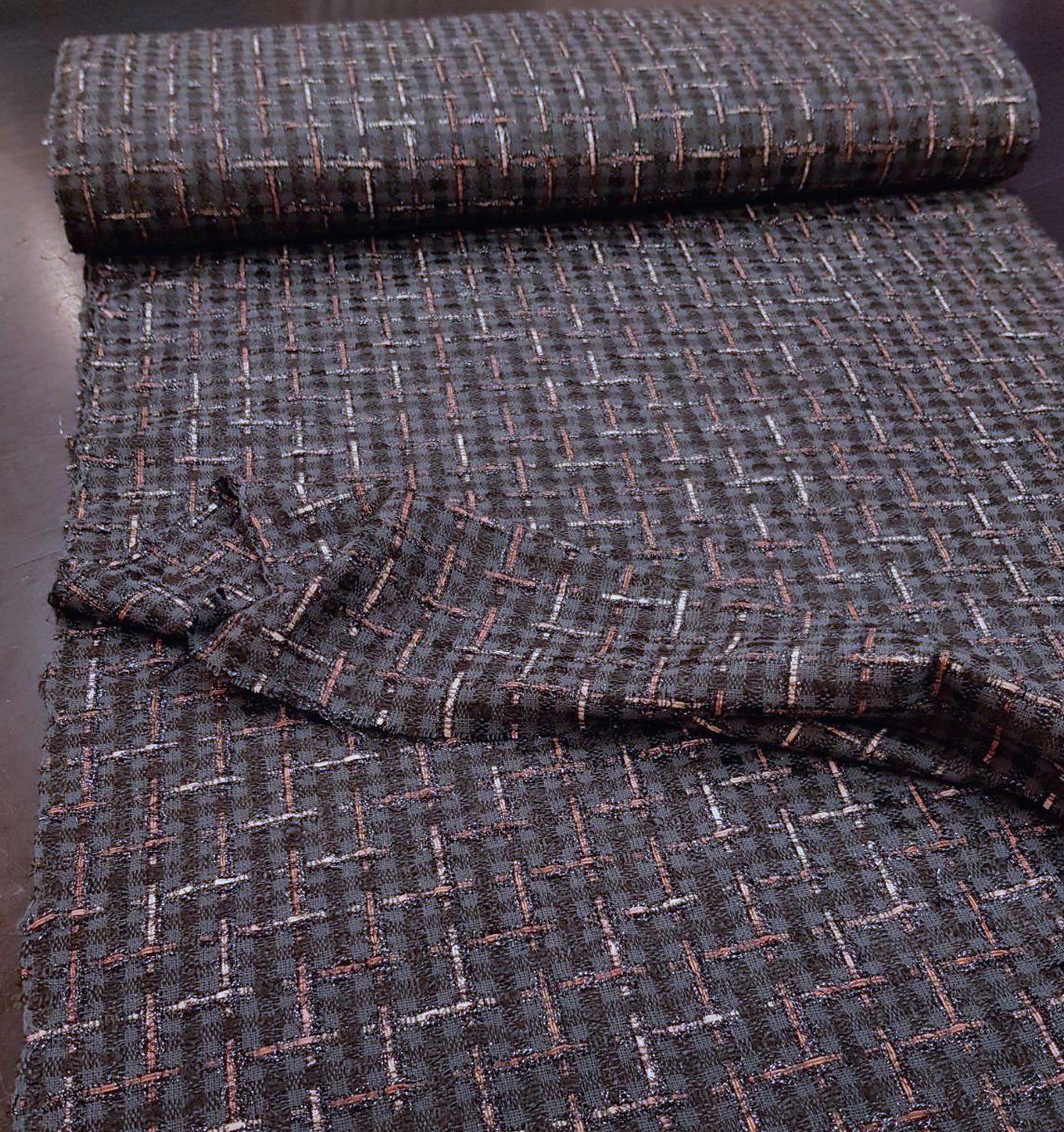 Black BOUCLE TWEED fabric check pattern cotton blend jacket material - buklefabrics