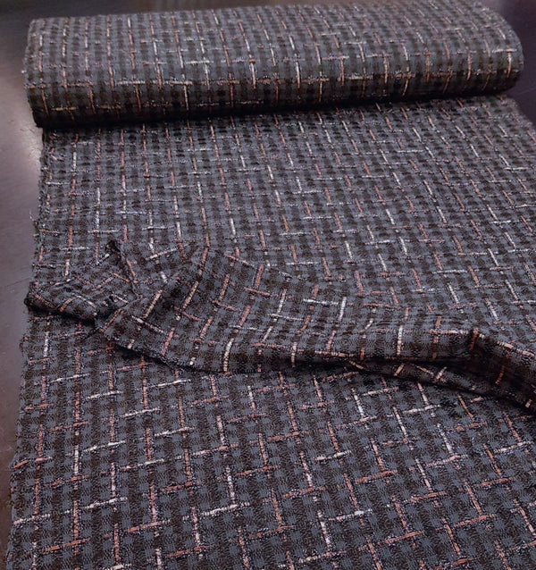 Black BOUCLE TWEED fabric check pattern cotton blend jacket material - buklefabrics