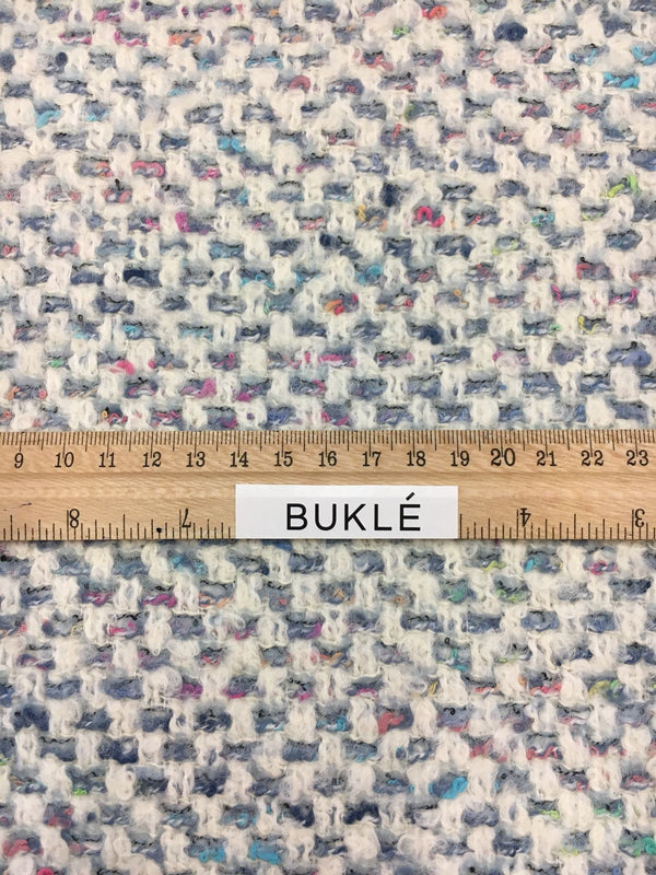 BOUCLE tweed fabric wool blend in white blue gingham pattern - buklefabrics