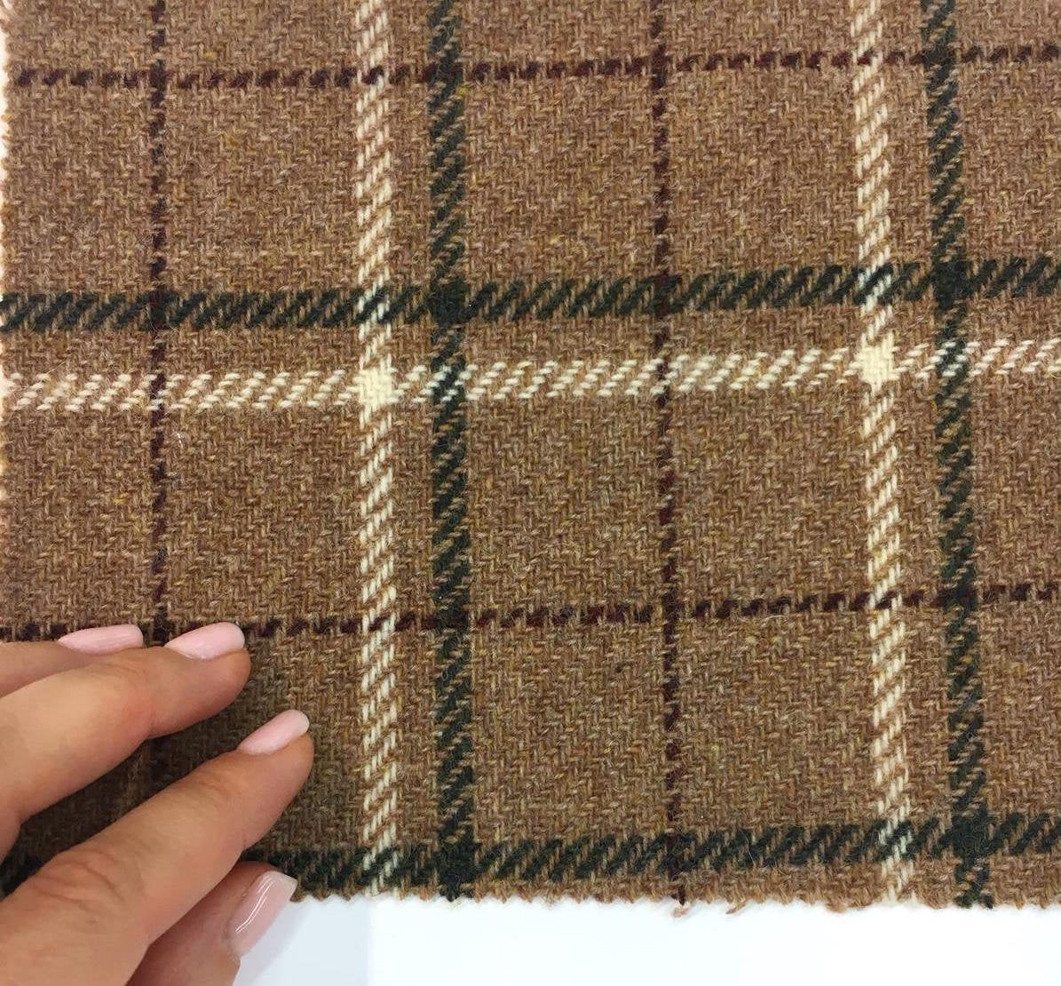 Tartan Plaid Check WOOL Fabric TWEED Brown White Green by 1.6 Yard - buklefabrics