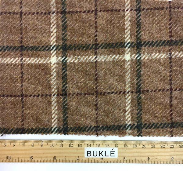 Tartan Plaid Check WOOL Fabric TWEED Brown White Green by 1.6 Yard - buklefabrics