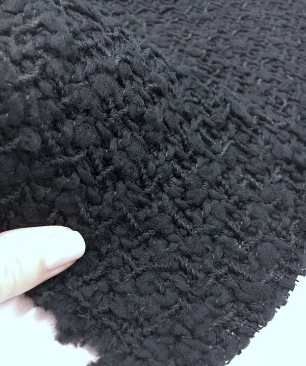 Black BOUCLE Tweed fabric 100% Wool jacket coat material - buklefabrics