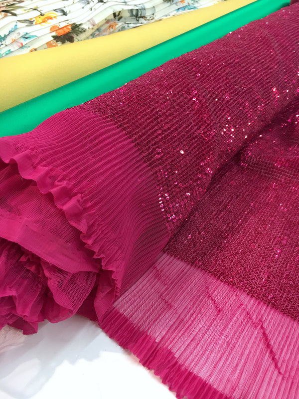 Sequins on Pleated Tulle Fabric in Fuchsia Raspberry - Novelty Prom Material - buklefabrics