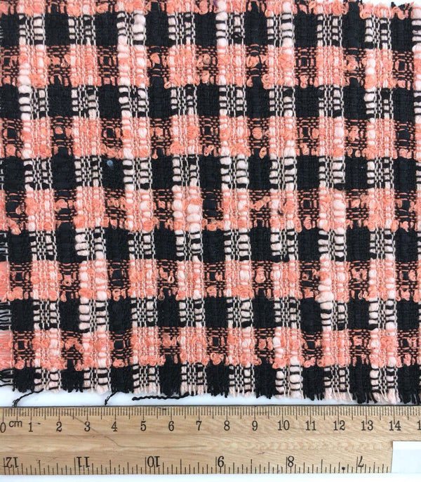 BOUCLE Tweed Fabric Orange Black Fancy Check 1.6 Yard - buklefabrics