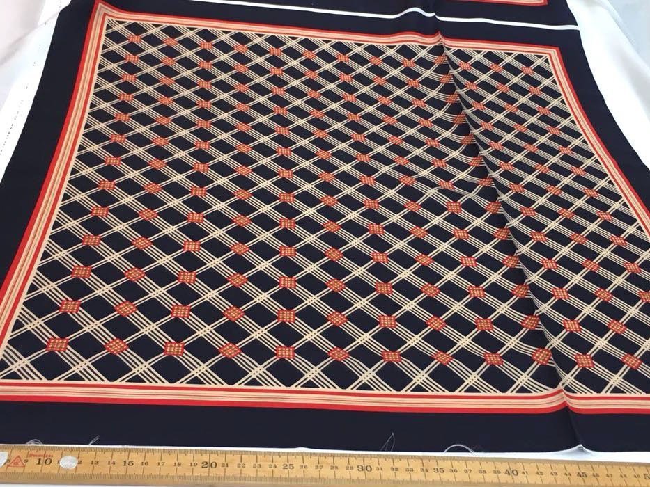 SILK Fabric navy blue red gold printed geometric diamond pattern for dress - buklefabrics