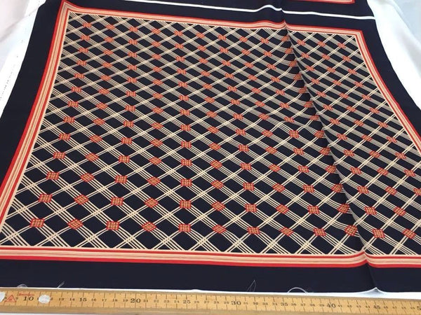 SILK Fabric navy blue red gold printed geometric diamond pattern for dress - buklefabrics