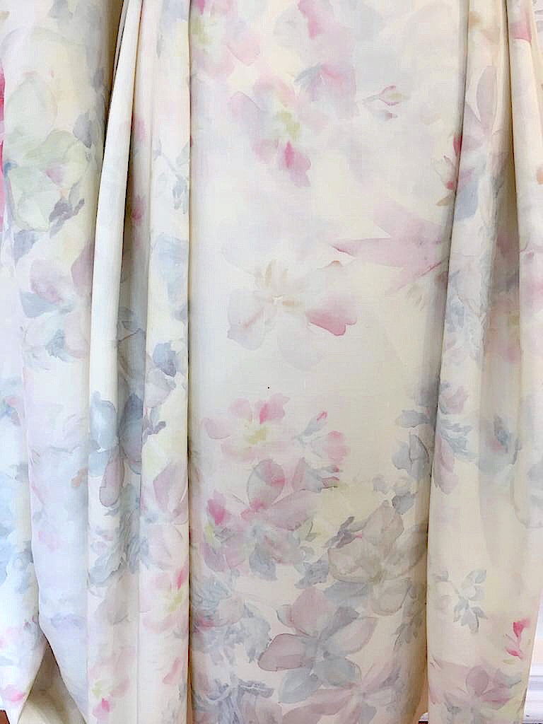 SILK LINEN Fabric Floral Print Beige with Pink Flowers - buklefabrics