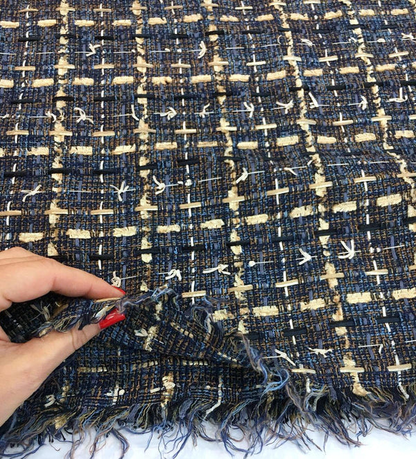 Plaid Check Boucle Tweed Fabric Cotton in Blue Ivory - buklefabrics