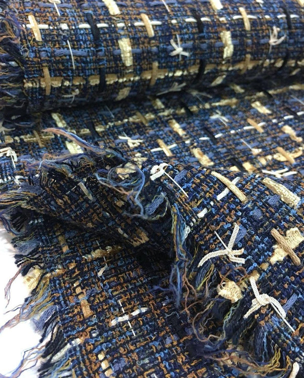 Plaid Check Boucle Tweed Fabric Cotton in Blue Ivory - buklefabrics