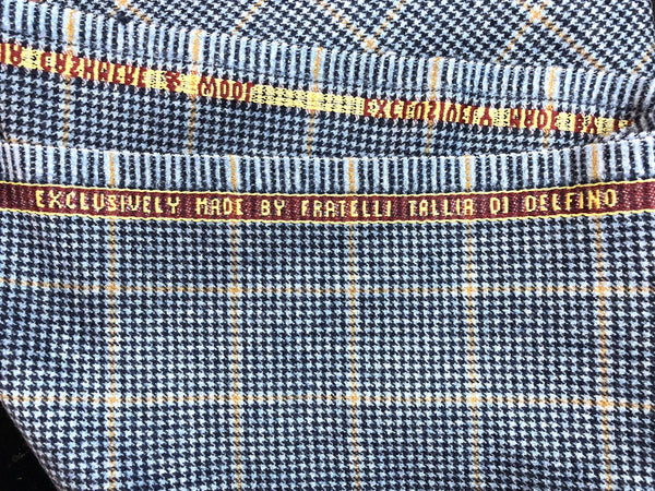 Mongolian Cashmere Wool Fabric Blue Houndstooth Yellow Windowpane Check - buklefabrics