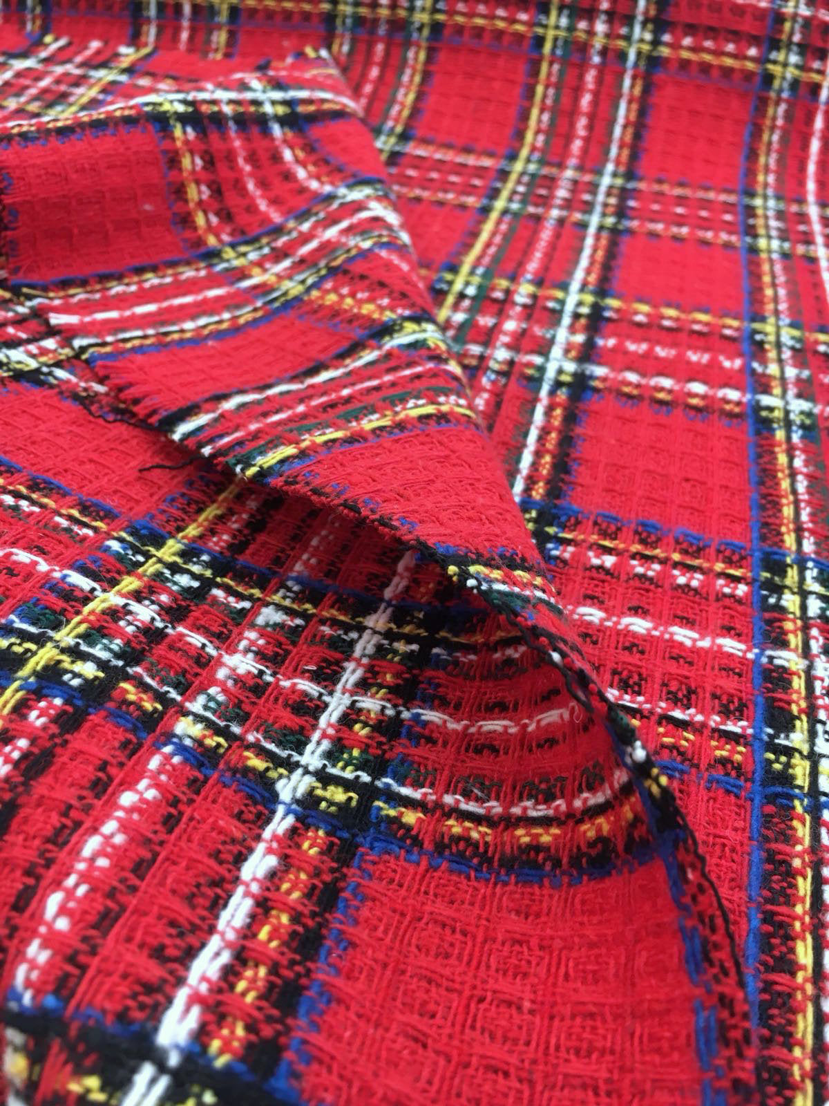 Tartan Plaid Check WOOL Fabric Red White Multicolor Textured 1.4 Yard - buklefabrics