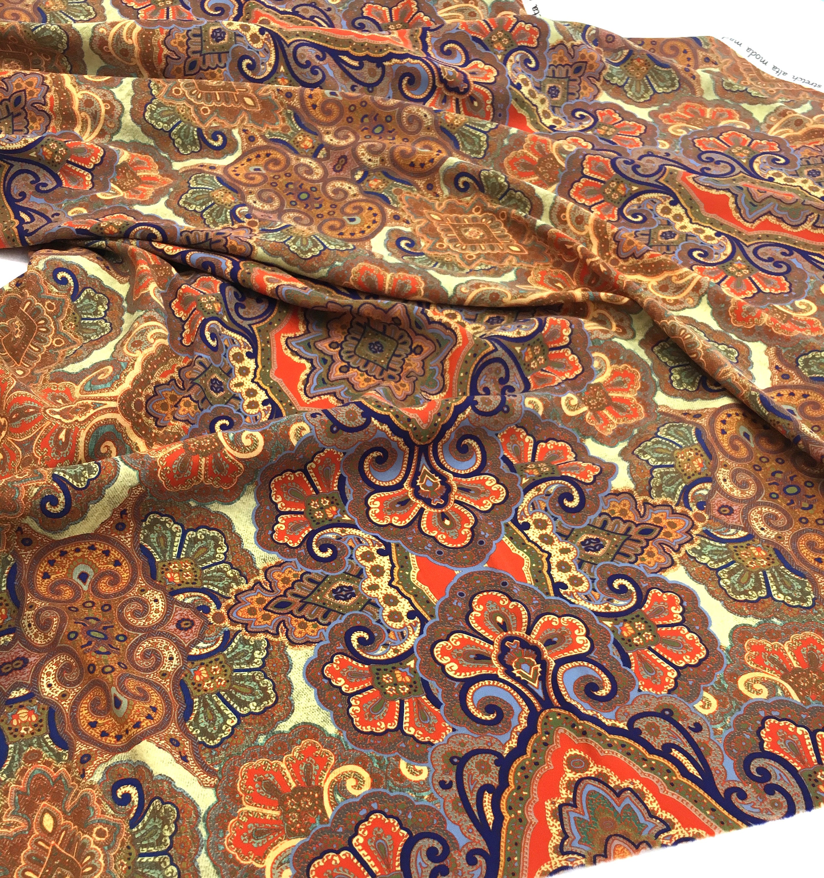 Silk Fabric STRETCH Paisley Dress Fabric Italian Fashion Material Quality SILK Printed Multicolour Spandex - buklefabrics