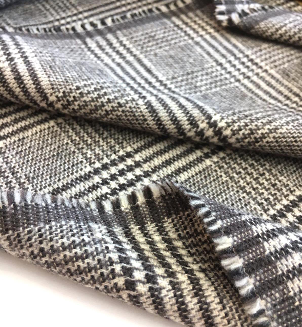 WOOL Fabric Tartan Plaid Check in Grey Brown for Suit or Dress - buklefabrics