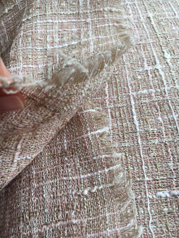 Boucle Tweed wool fabric in blush white check jacket length 1.5 yd - buklefabrics