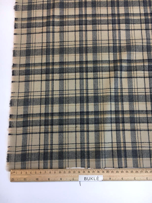 Tartan Plaid Check WOOL Fabric Beige Black Material for Suiting Dress - buklefabrics