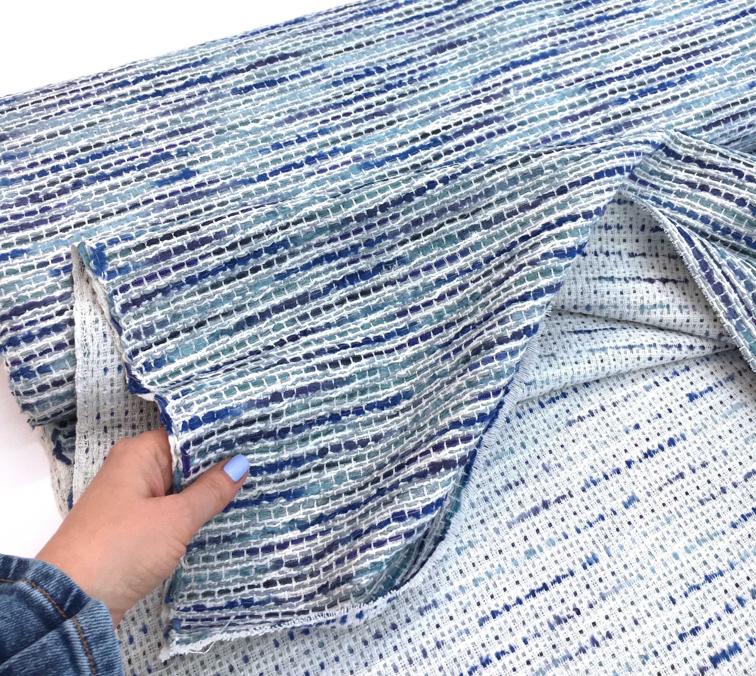 Boucle tweed fabric blue and white striped cotton suit material - buklefabrics