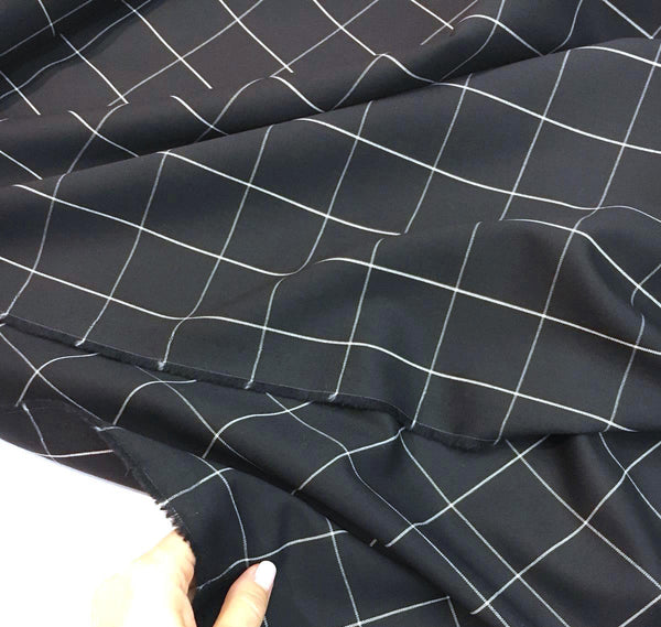 Check Fabric Black WOOL White Windowpane Suit Dress Material - buklefabrics