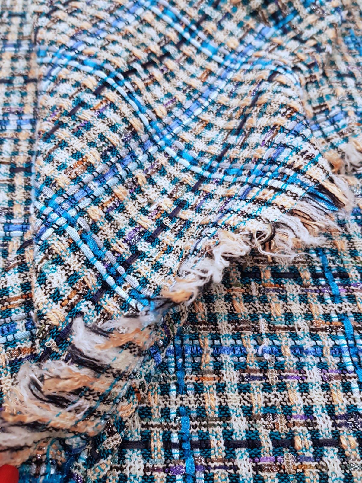 BOUCLE TWEED wool fabric blue plaid check sewing material - buklefabrics