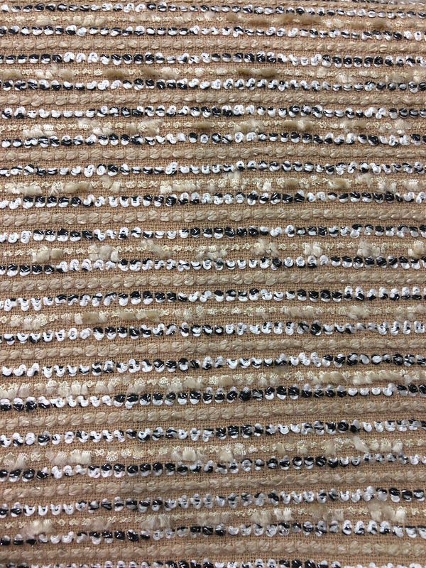 Beige Boucle Tweed Fabric with Black and White Stripe Accents - buklefabrics