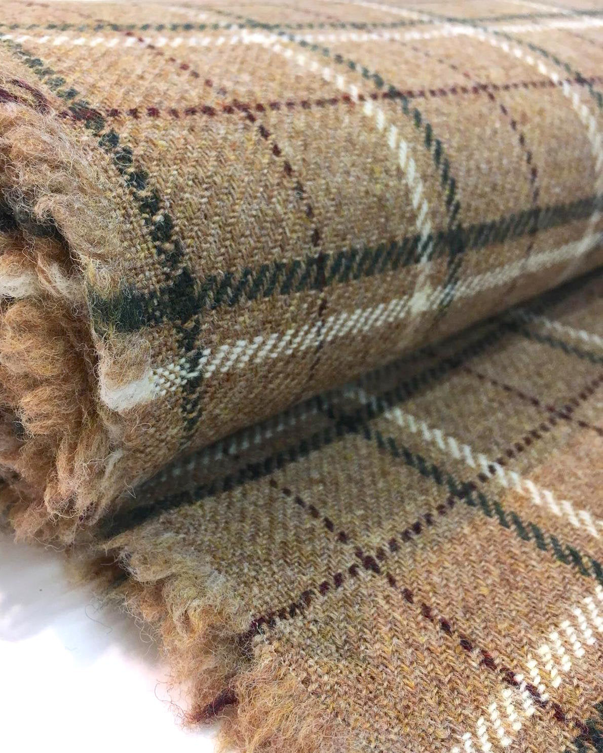 100% WOOL Tweed Fabric Brown Tartan Plaid Check - buklefabrics