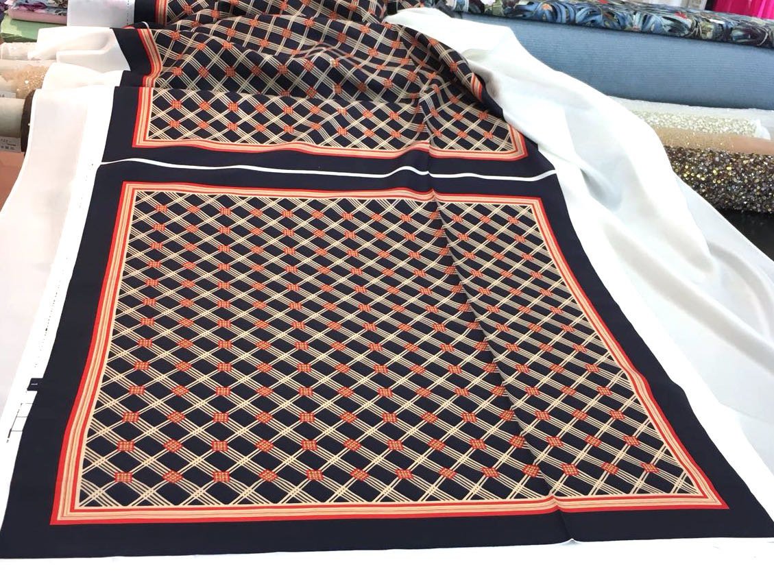 SILK Fabric navy blue red gold printed geometric diamond pattern for dress - buklefabrics