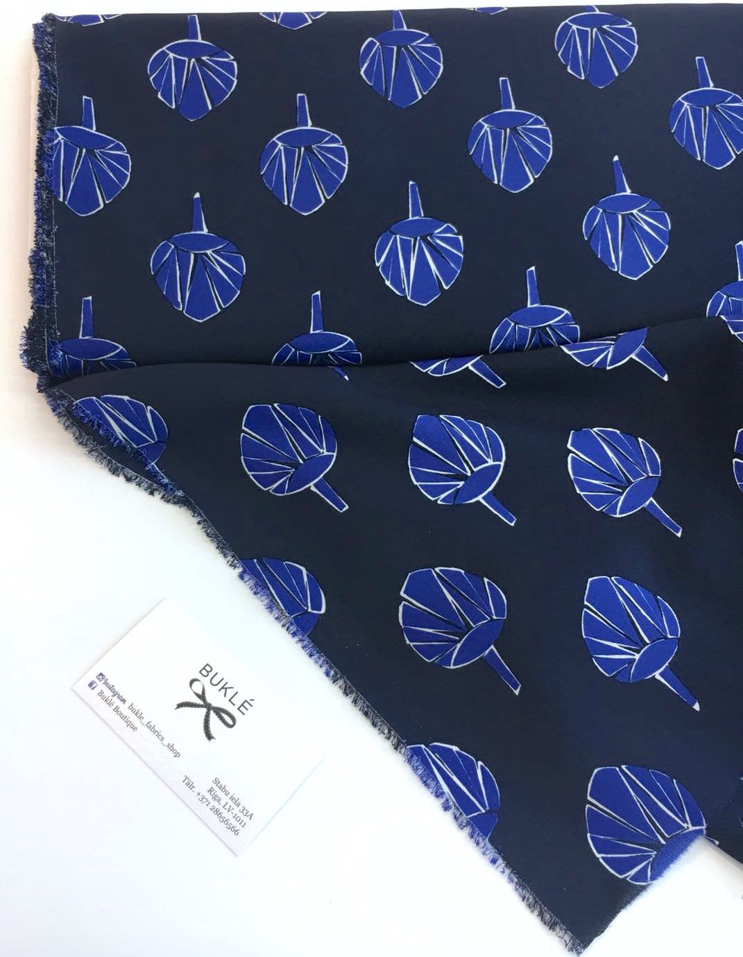 Black Floral Printed SILK Fabric Blue Flowers 0.90 Yard - buklefabrics