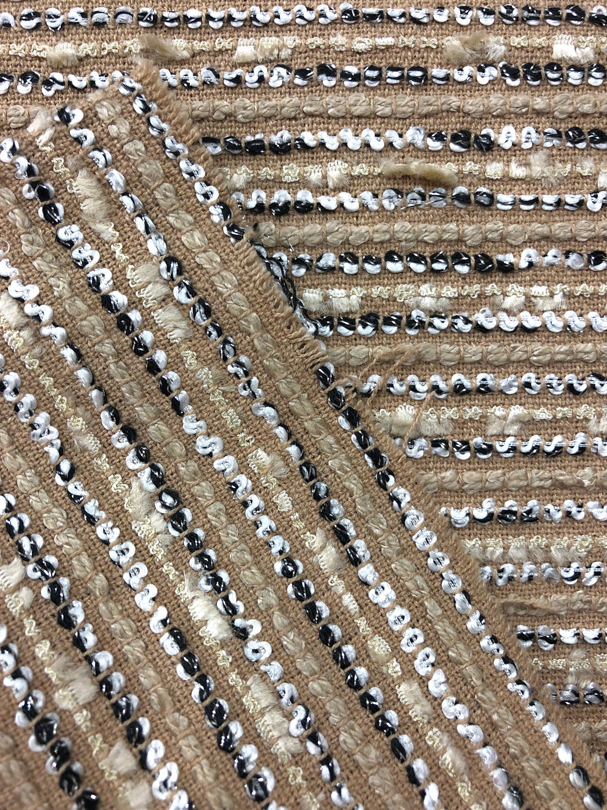 Beige Boucle Tweed Fabric with Black and White Stripe Accents - buklefabrics