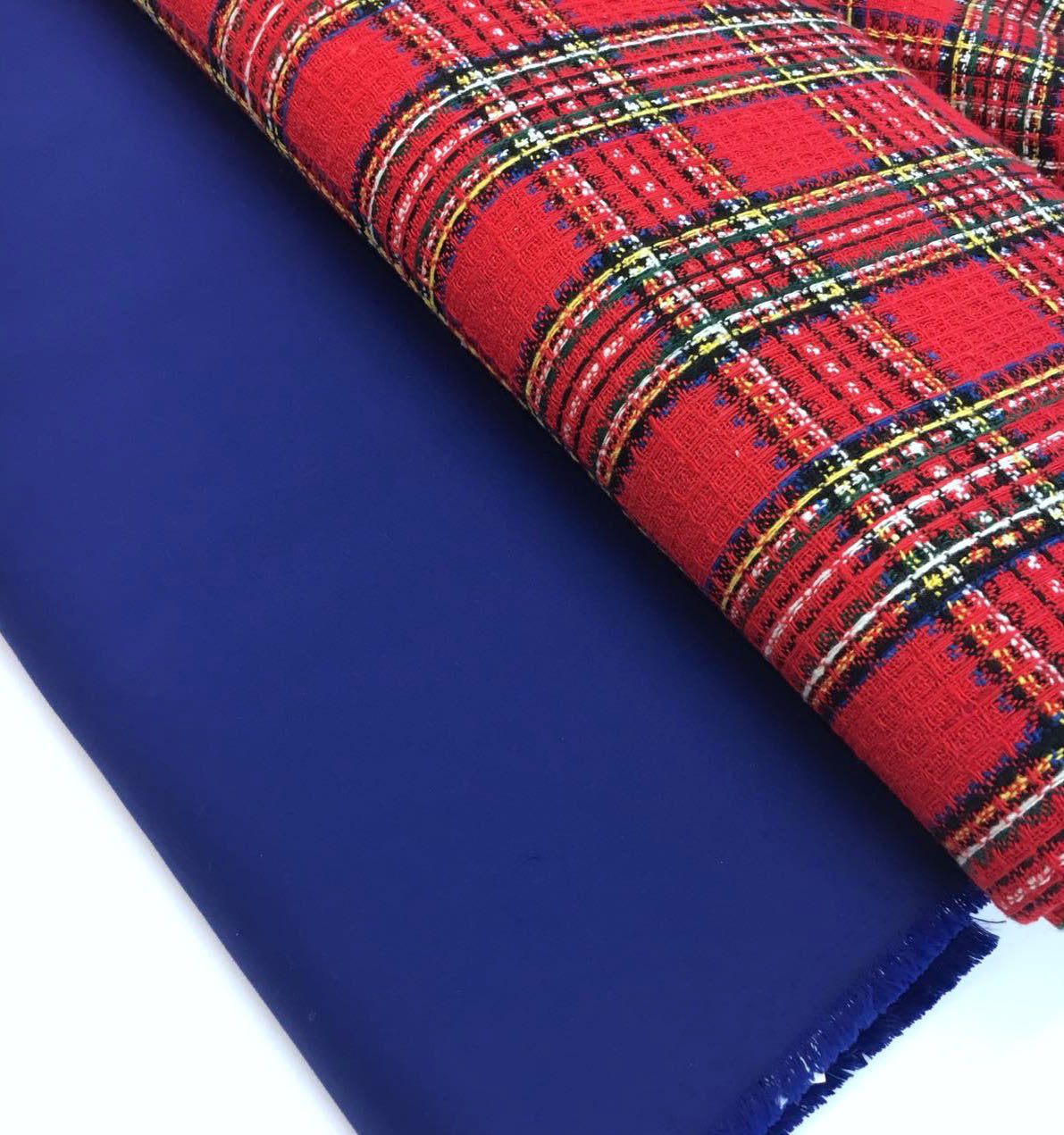 Tartan Plaid Check WOOL Fabric Red White Multicolor Textured 1.4 Yard - buklefabrics