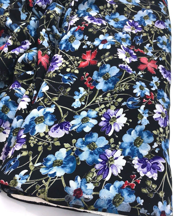 Black Floral VISCOSE Fabric Botanical Print Blue  Red Flower Blossom - buklefabrics