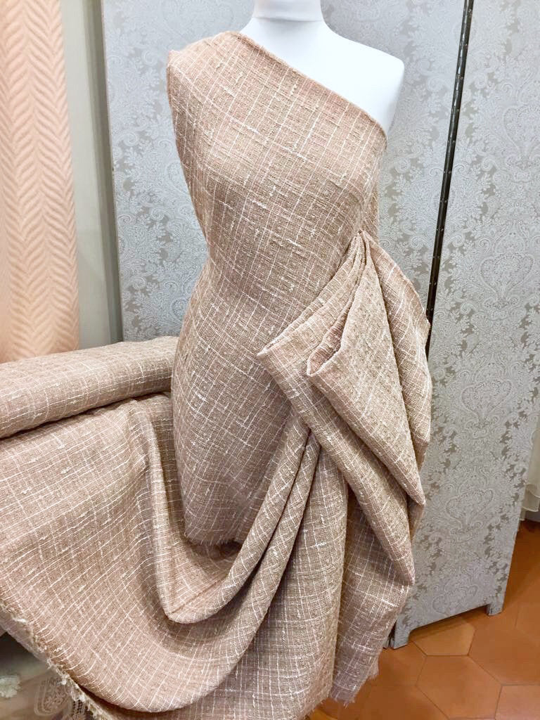 Boucle Tweed wool fabric in blush white check jacket length 1.5 yd - buklefabrics