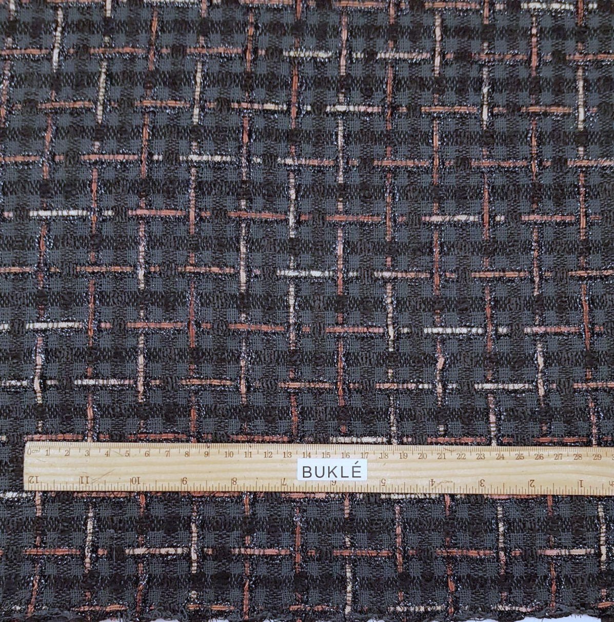 Black BOUCLE TWEED fabric check pattern cotton blend jacket material - buklefabrics