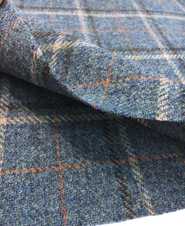 100% WOOL Fabric Blue Tartan Plaid Check Tweed - buklefabrics