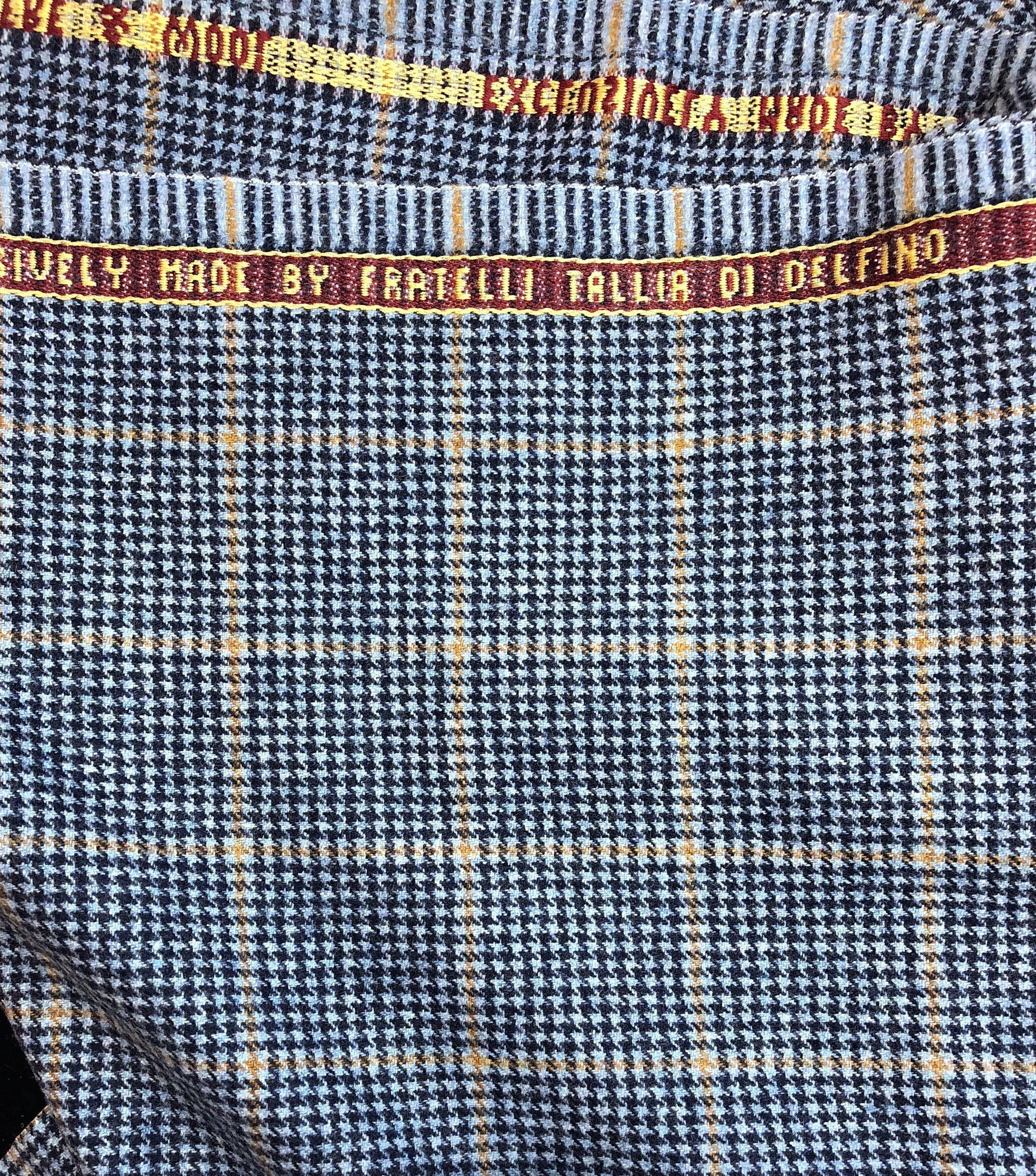 Mongolian Cashmere Wool Fabric Blue Houndstooth Yellow Windowpane Check - buklefabrics