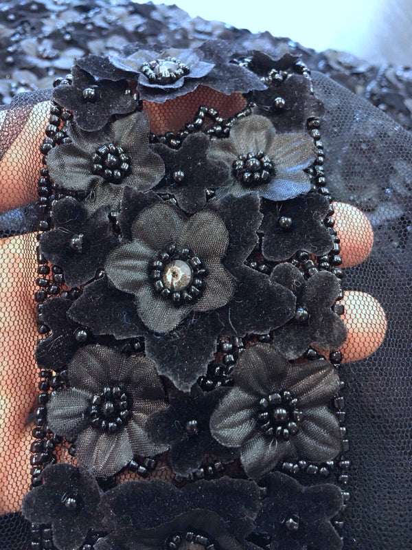 Black Beaded 3d lace mesh trim with flowers and rhinestones - buklefabrics