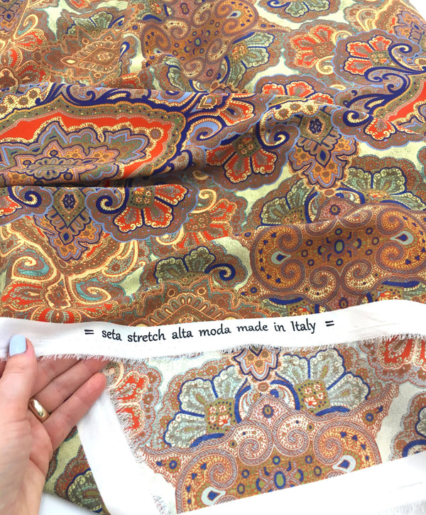 Silk Fabric STRETCH Paisley Dress Fabric Italian Fashion Material Quality SILK Printed Multicolour Spandex - buklefabrics