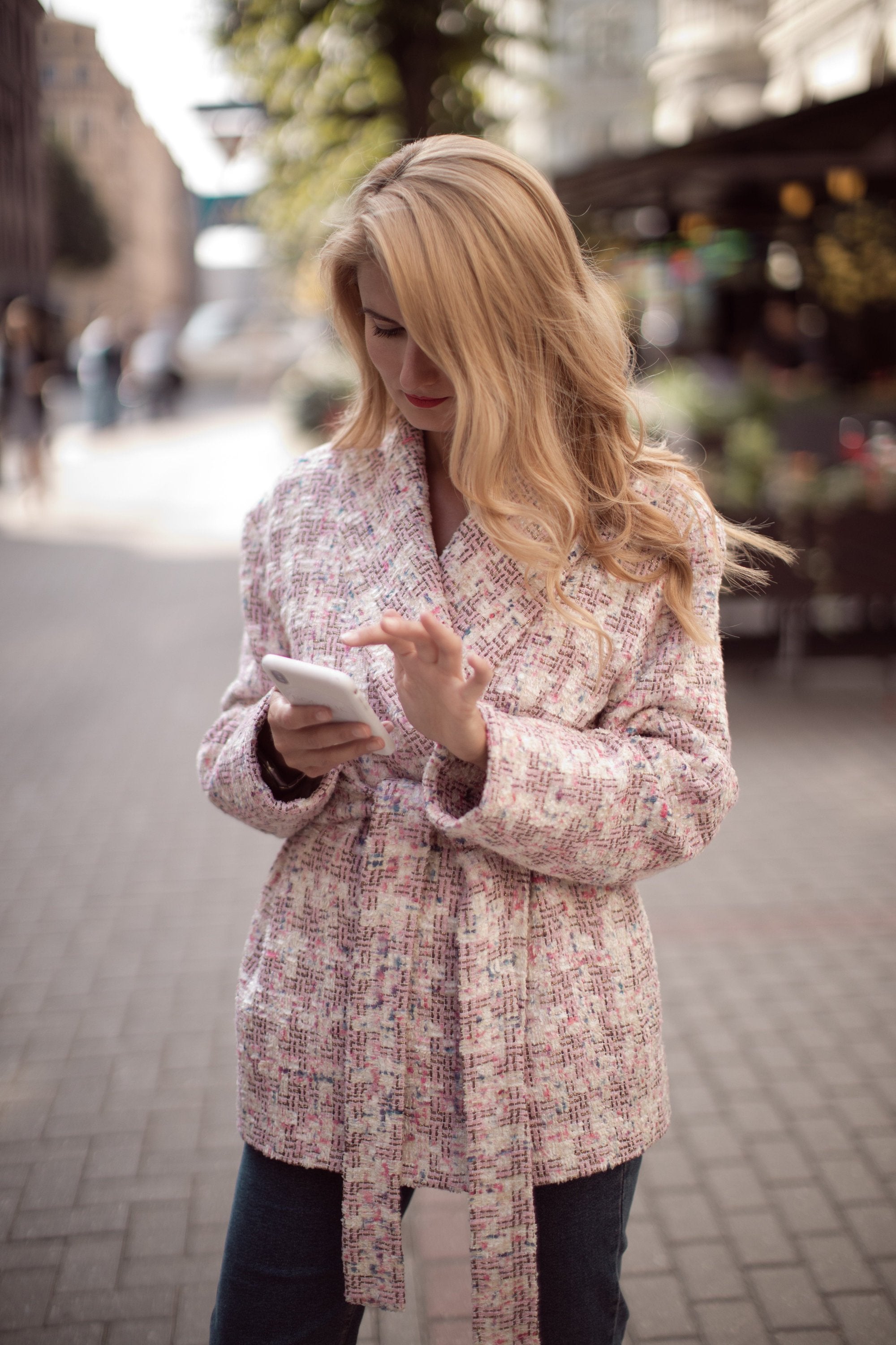 Boucle Tweed coat womens trendy oversized pink white houndstooth - buklefabrics