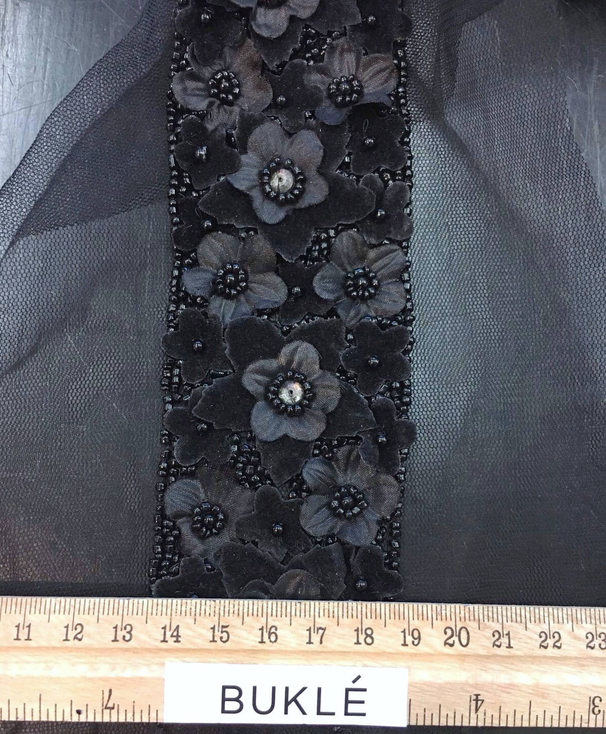 Black Beaded 3d lace mesh trim with flowers and rhinestones - buklefabrics