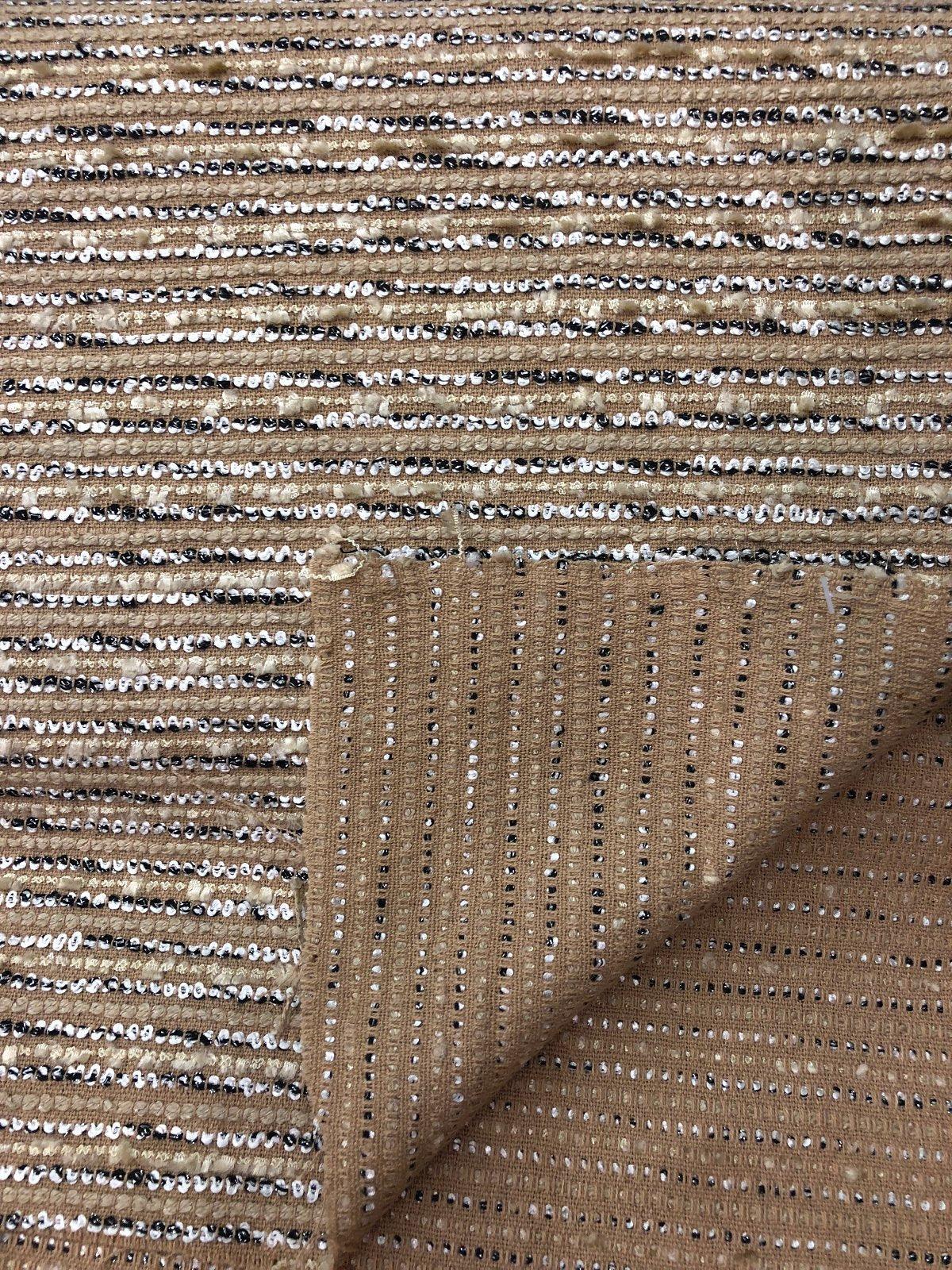 Beige Boucle Tweed Fabric with Black and White Stripe Accents - buklefabrics