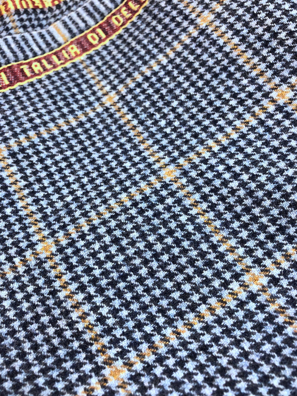 Mongolian Cashmere Wool Fabric Blue Houndstooth Yellow Windowpane Check - buklefabrics